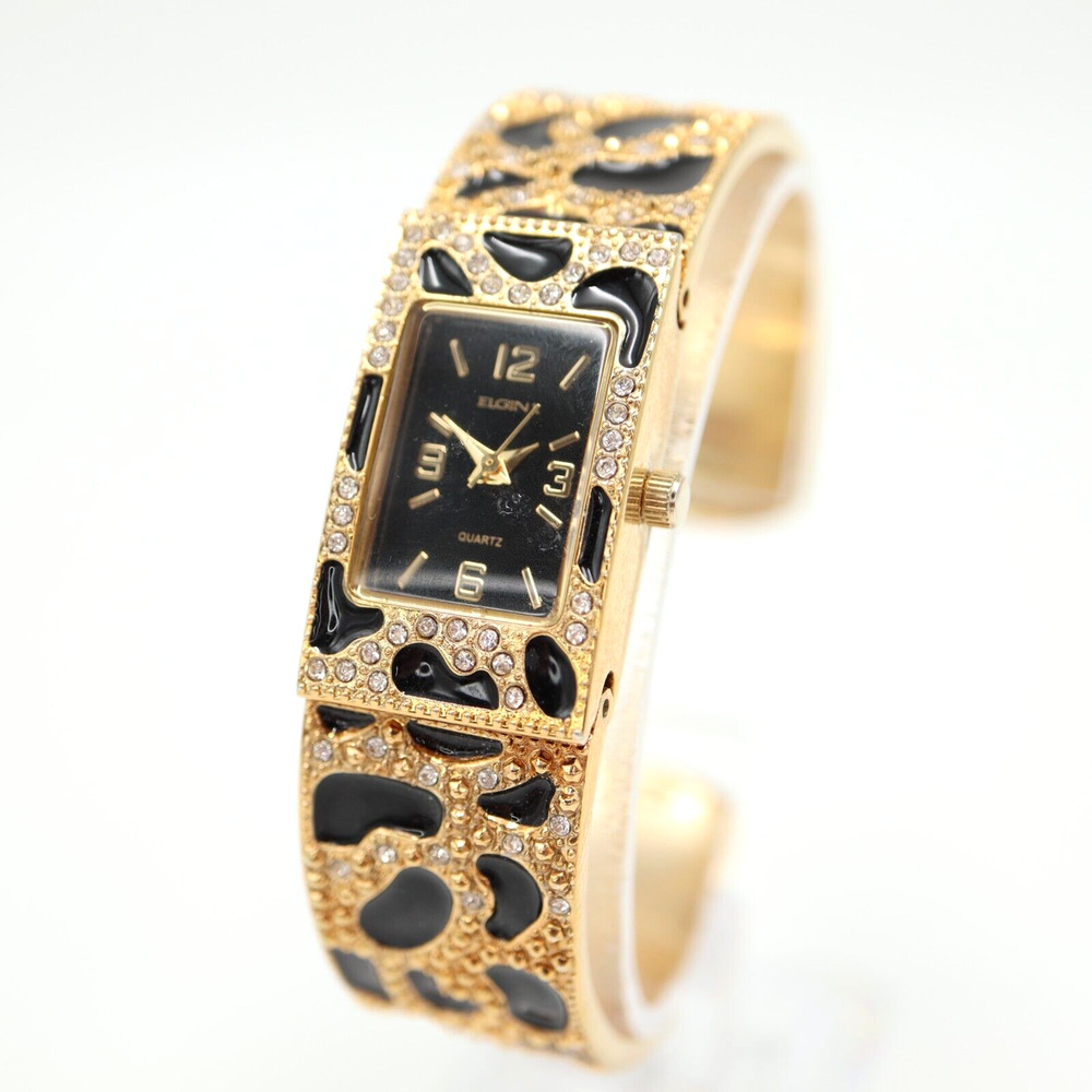 Elgin II Womens Gold Tone Cuff Watch 19mm Black Rectangle Gem Set Leopard